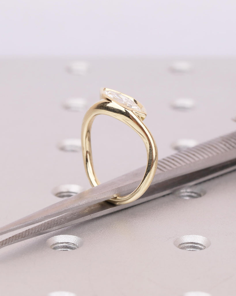 Modern Solitaire Engagement Ring, Lab Created Diamond Bezel Ring, East West Setting, Marquise Cut 14k Yellow Gold Promise Rings for Women image #5