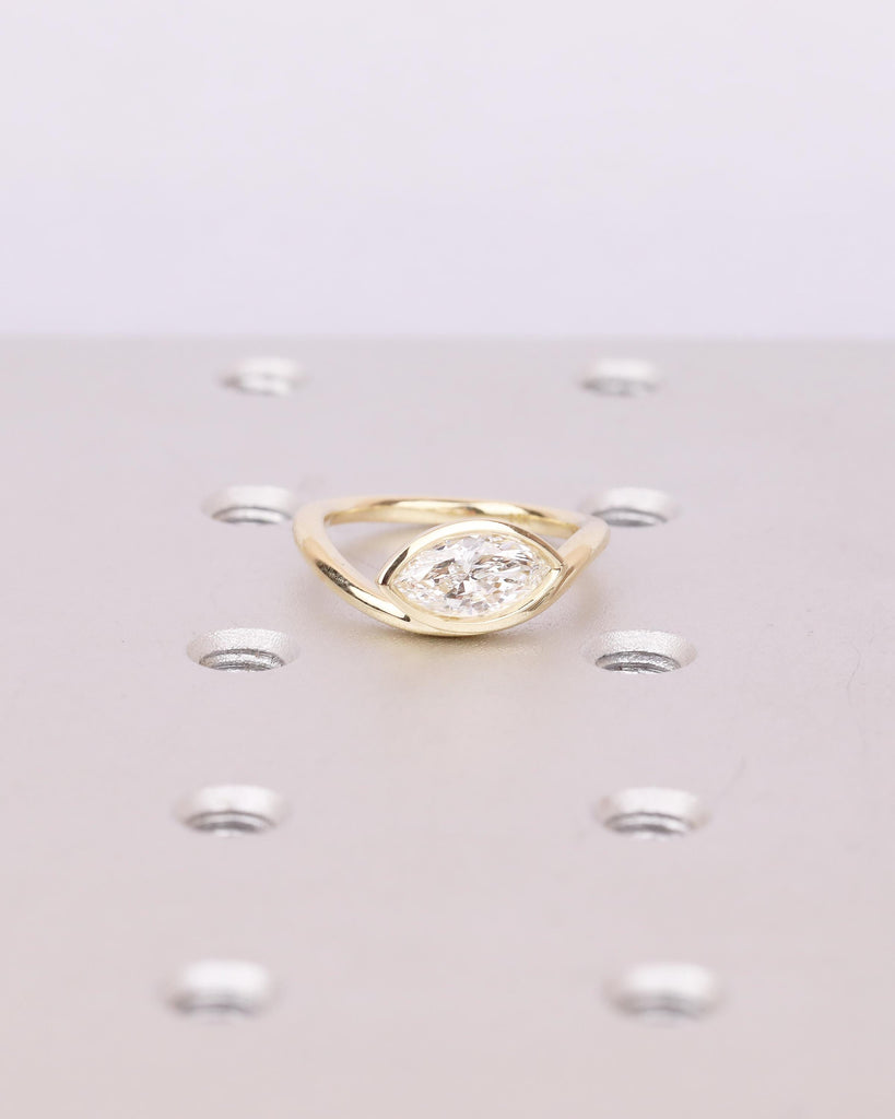 Modern Solitaire Engagement Ring, Lab Created Diamond Bezel Ring, East West Setting, Marquise Cut 14k Yellow Gold Promise Rings for Women image #17