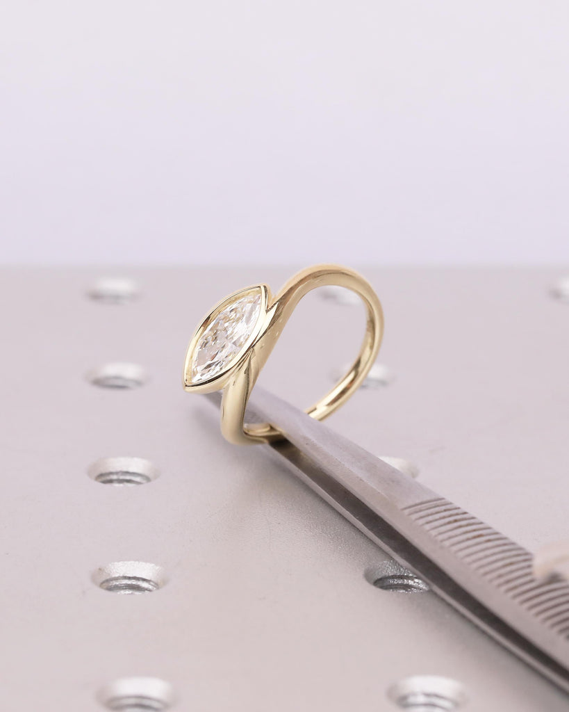 Modern Solitaire Engagement Ring, Lab Created Diamond Bezel Ring, East West Setting, Marquise Cut 14k Yellow Gold Promise Rings for Women image #8