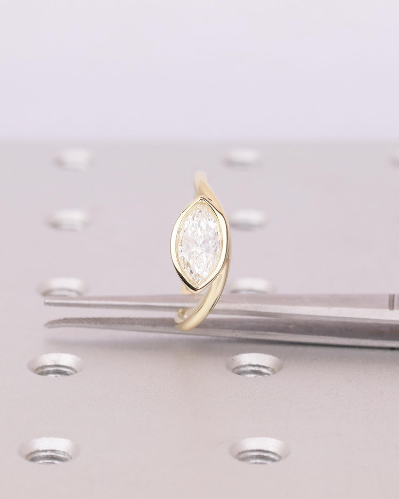 Bezel Set Marquise Moissanite Engagement Ring, East West 14k Solid Gold Wedding Ring image #12