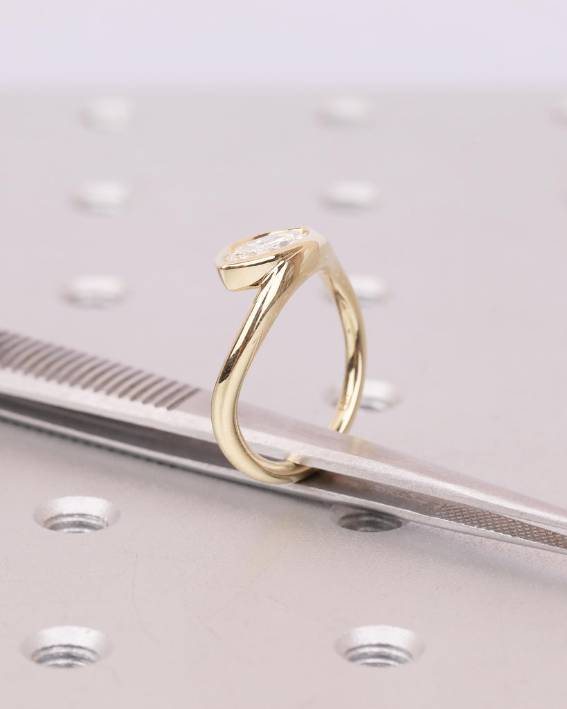 Bezel Set Marquise Moissanite Engagement Ring, East West 14k Solid Gold Wedding Ring image #17