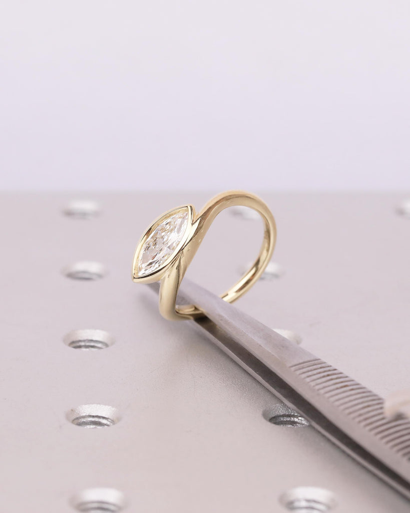 Bezel Set Marquise Moissanite Engagement Ring, East West 14k Solid Gold Wedding Ring image #19