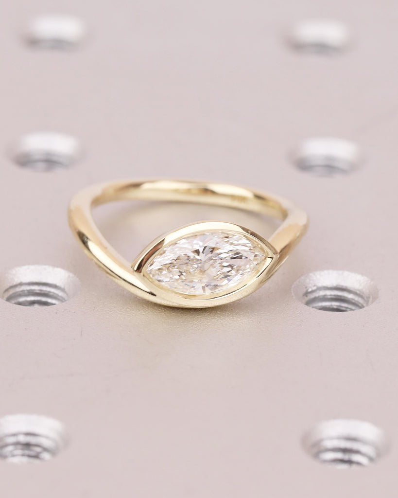 Modern Solitaire Engagement Ring, Lab Created Diamond Bezel Ring, East West Setting, Marquise Cut 14k Yellow Gold Promise Rings for Women image #1