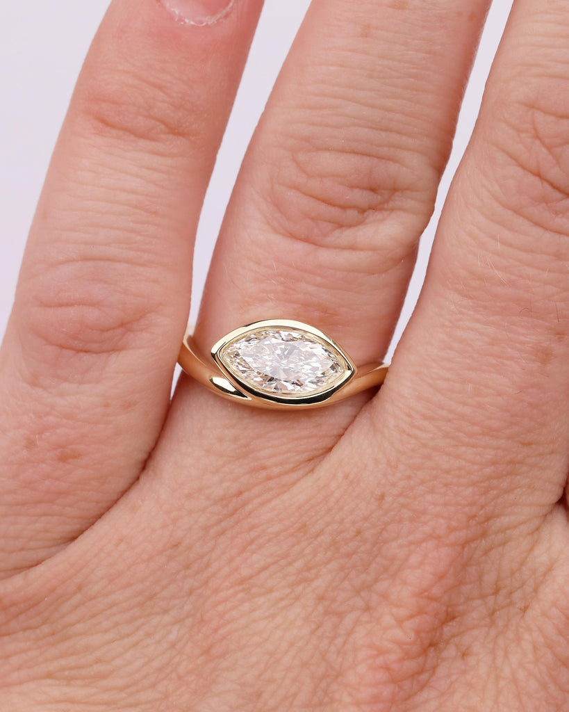 Bezel Set Marquise Moissanite Engagement Ring, East West 14k Solid Gold Wedding Ring image #1