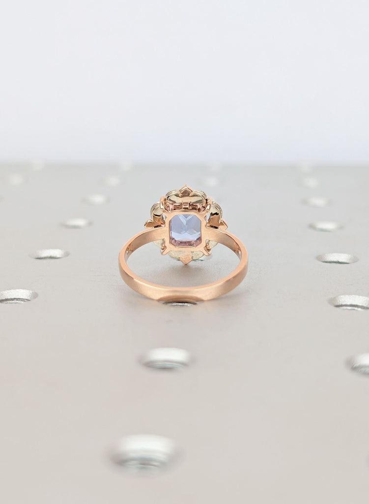 Vintage Art Deco Engagement Ring, Light Blue Ceylon Sapphire, Emerald Cut Sapphire Ring, Milgrain Diamond Halo, Two Tone Heirloom Ring image #6