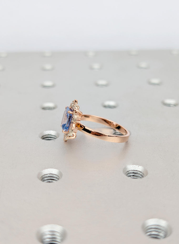 Vintage Art Deco Engagement Ring, Light Blue Ceylon Sapphire, Emerald Cut Sapphire Ring, Milgrain Diamond Halo, Two Tone Heirloom Ring image #5