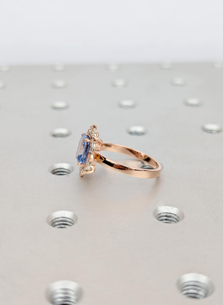Emerald Cut Ceylon Sapphire Engagement Ring, Art Deco Diamond Halo Ring, Two Tone Vintage Ring, Light Blue Sapphire Heirloom Ring for Her image #3