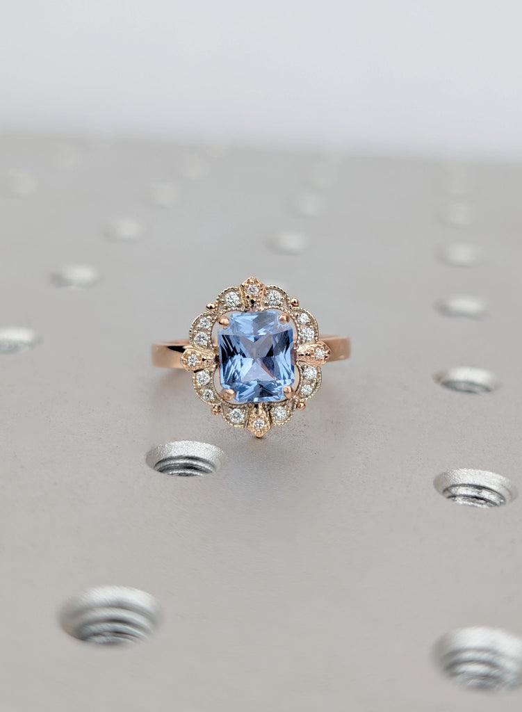 Vintage Art Deco Engagement Ring, Light Blue Ceylon Sapphire, Emerald Cut Sapphire Ring, Milgrain Diamond Halo, Two Tone Heirloom Ring image #7