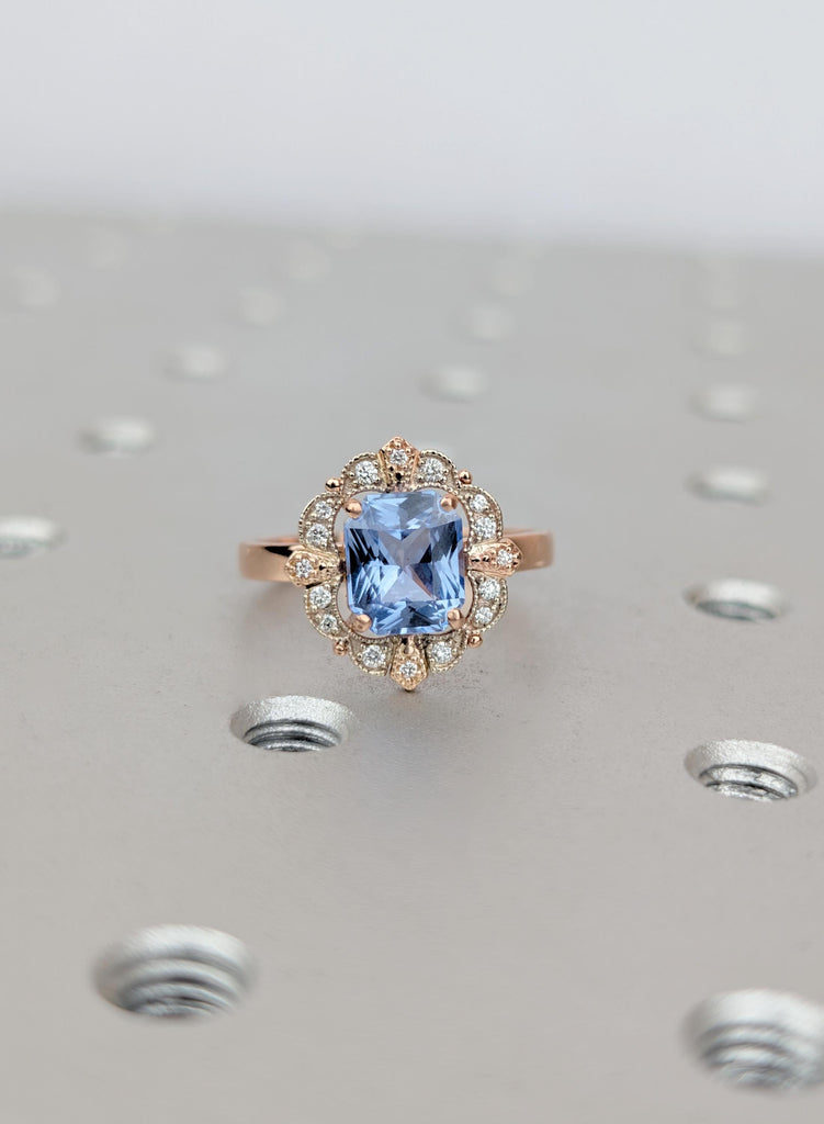 Emerald Cut Ceylon Sapphire Engagement Ring, Art Deco Diamond Halo Ring, Two Tone Vintage Ring, Light Blue Sapphire Heirloom Ring for Her image #6