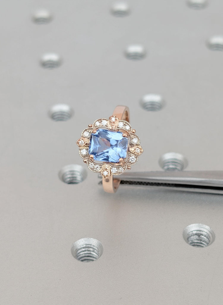 Emerald Cut Ceylon Sapphire Engagement Ring, Art Deco Diamond Halo Ring, Two Tone Vintage Ring, Light Blue Sapphire Heirloom Ring for Her image #8
