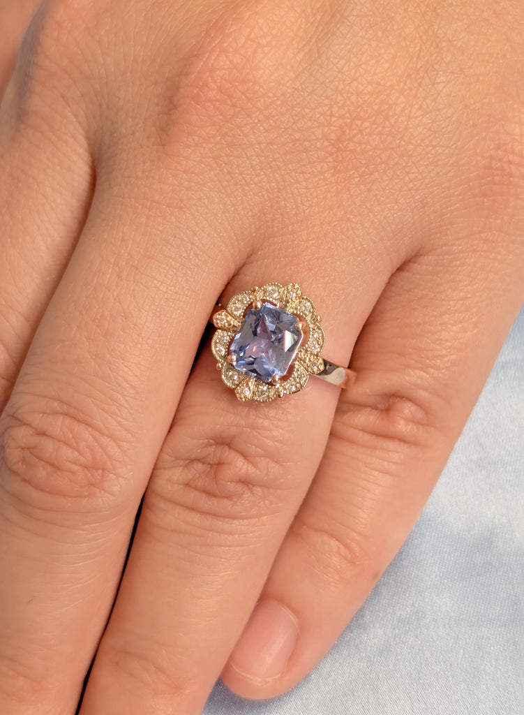 Vintage Art Deco Engagement Ring, Light Blue Ceylon Sapphire, Emerald Cut Sapphire Ring, Milgrain Diamond Halo, Two Tone Heirloom Ring image #3