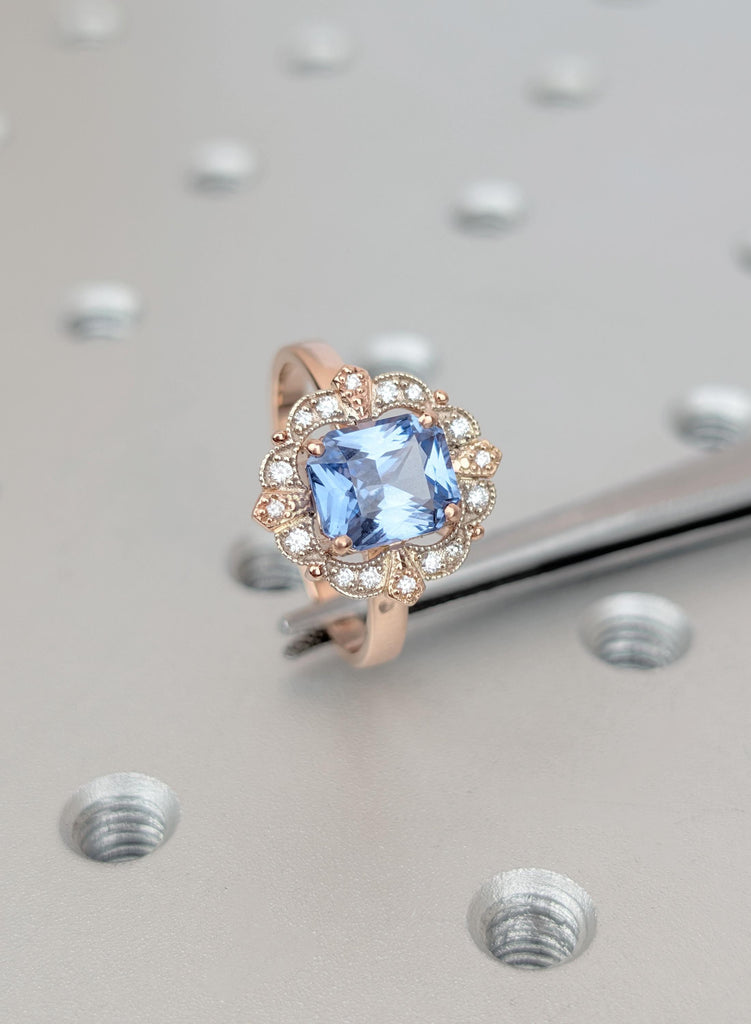 Emerald Cut Ceylon Sapphire Engagement Ring, Art Deco Diamond Halo Ring, Two Tone Vintage Ring, Light Blue Sapphire Heirloom Ring for Her image #10