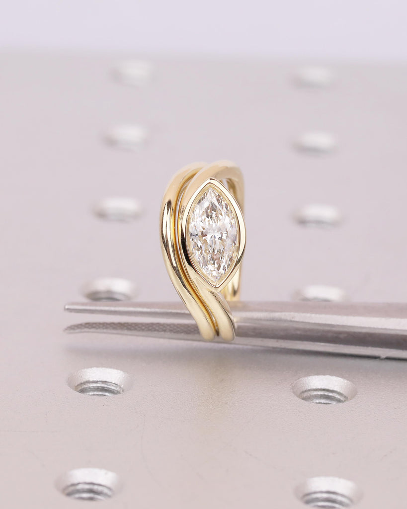 Marquise Cut Moissanite Ring Set, Solitaire 14k Solid Gold Engagement Ring, Unique East West Bezel Setting, Curved Stackable Rings for Women image #4