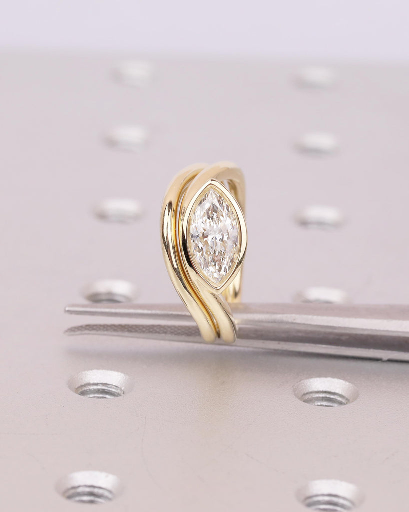 Bezel Set Moissanite Engagement Ring, 14k Gold Marquise Cut Ring, East West Bridal Jewelry image #4
