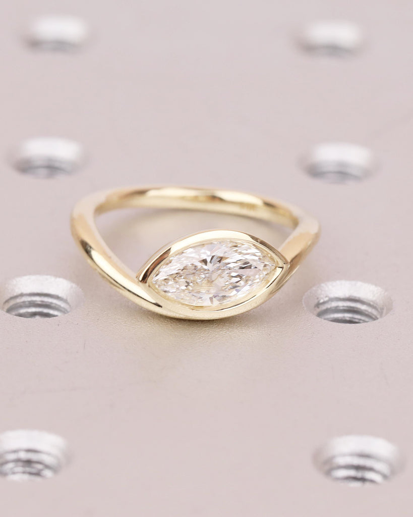 14k Yellow Gold Wedding Ring Set, East West Marquise Lab Diamond Engagement Ring image #20
