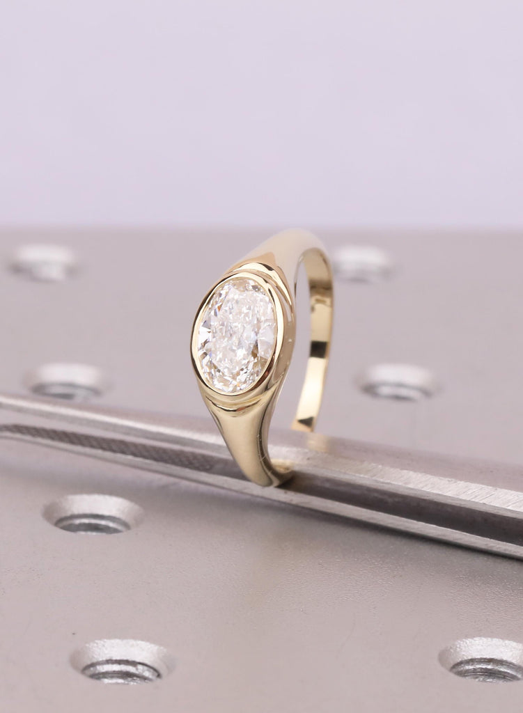 Half Bezel Set East-West Oval Moissanite Ring: , 14K Yellow Gold, Modern Signet Style image #10