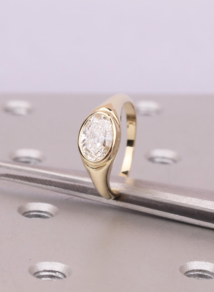 East West Oval Moissanite Engagement Ring: Moissanite Solitaire Ring, Half Bezel Set Pinky  Ring, Promise Ring, Unique Ring For Wedding Gift image #10