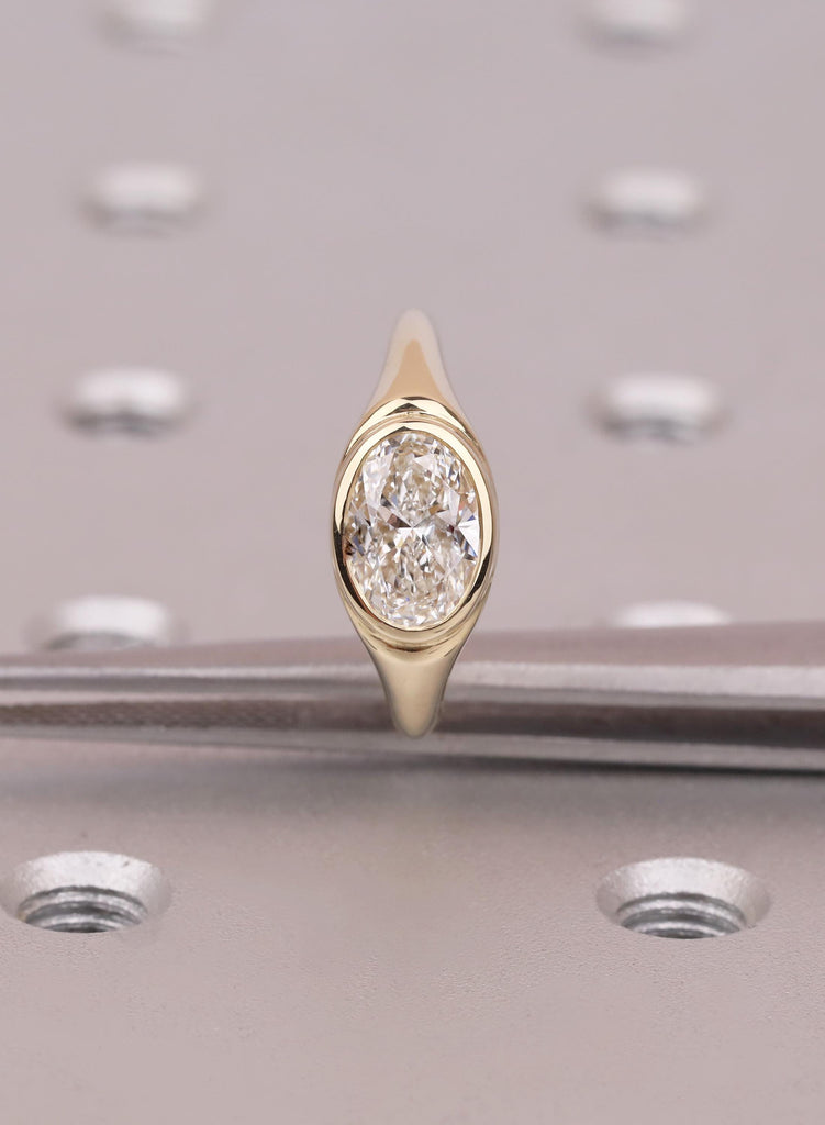East West Oval Moissanite Engagement Ring: Moissanite Solitaire Ring, Half Bezel Set Pinky  Ring, Promise Ring, Unique Ring For Wedding Gift image #12