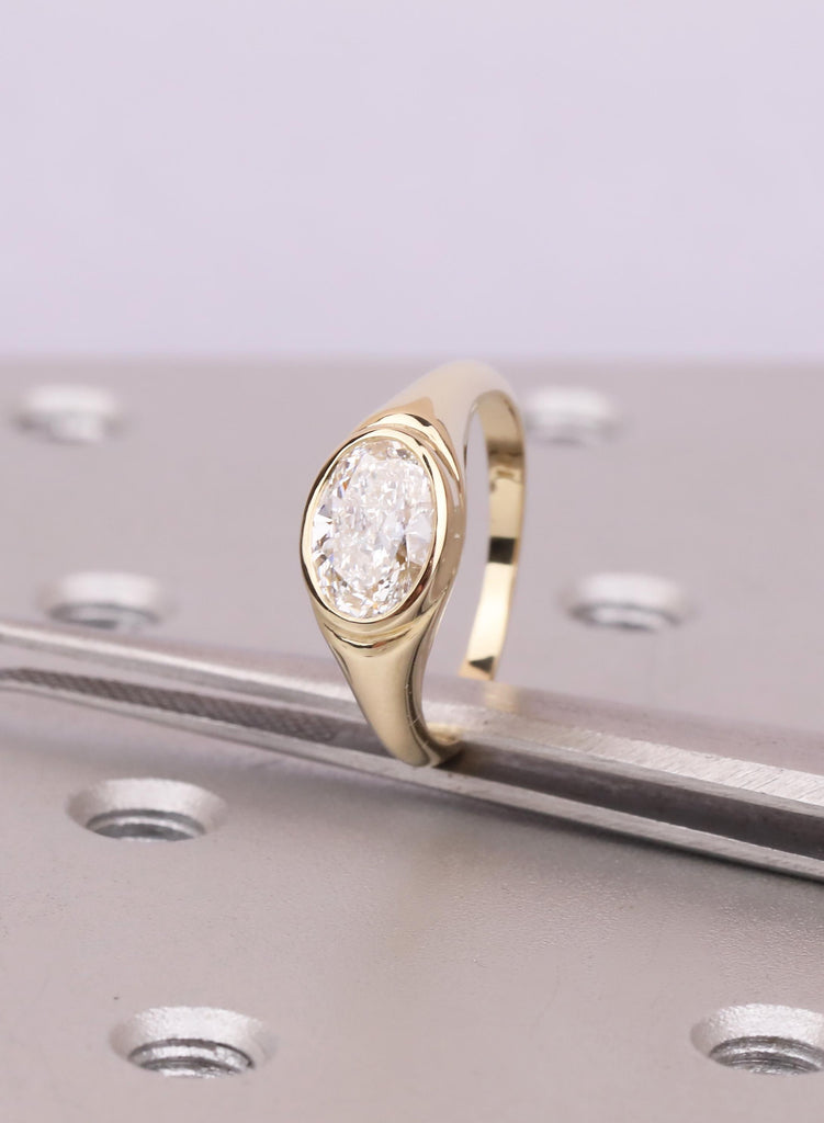 Oval Lab Diamond Ring: 1 Carat 14K Yellow Gold East West Half Bezel Set Engagement Ring image #2