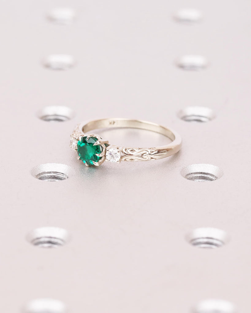Nature Inspired Emerald Engagement Ring | 14k White Gold Emerald and Diamond Ring | Gothic Claw Prongs | Unique Custom Engraved Wedding Ring image #4