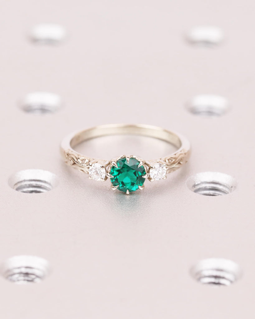 Round Cut Emerald Three Stone Ring, 14K White Gold Engagement Ring, Fantasy Inspired Engraved Floral Band, Alternative Bridal Jewelry image #3