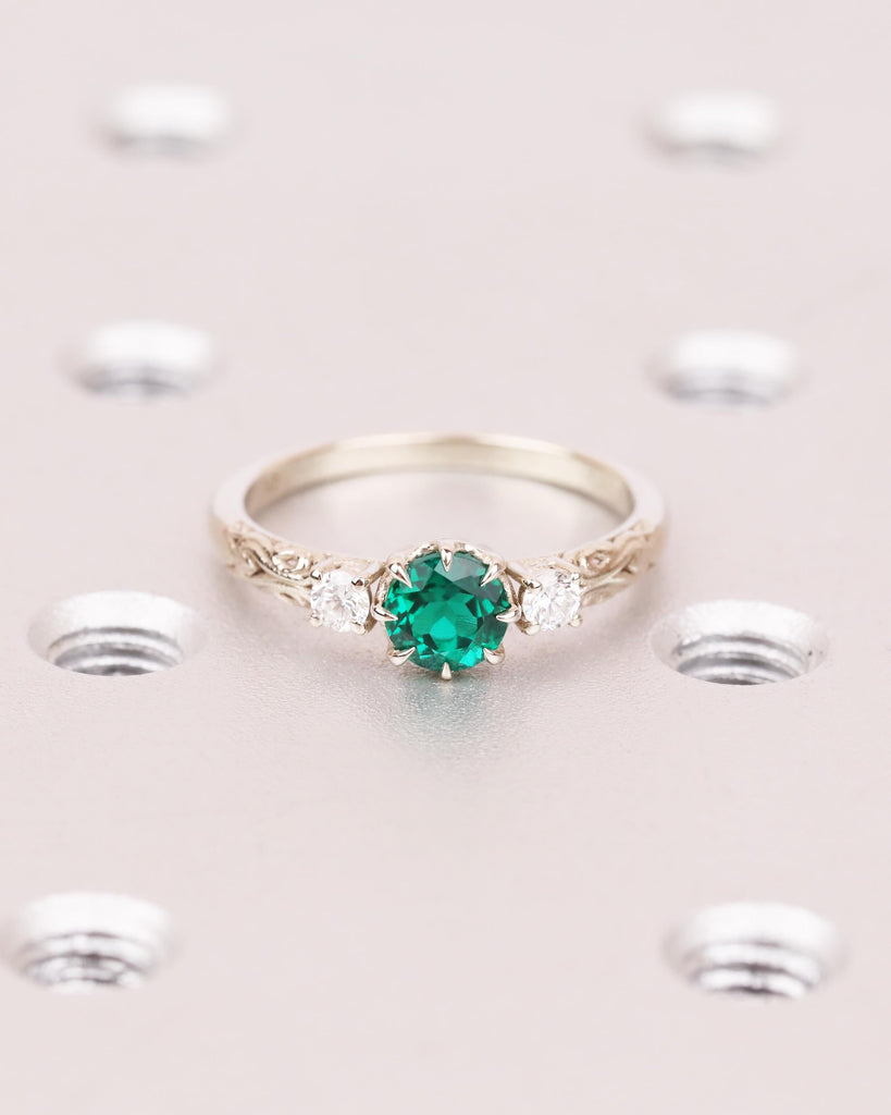 Nature Inspired Emerald Engagement Ring | 14k White Gold Emerald and Diamond Ring | Gothic Claw Prongs | Unique Custom Engraved Wedding Ring image #3