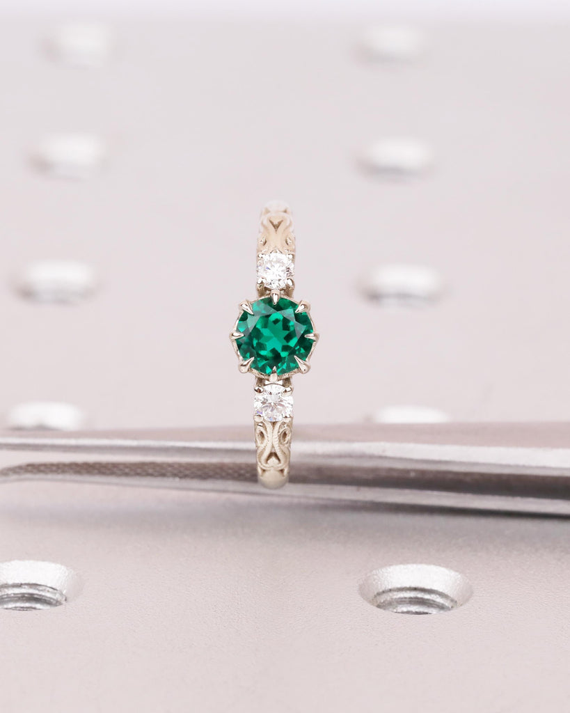 Nature Inspired Emerald Engagement Ring | 14k White Gold Emerald and Diamond Ring | Gothic Claw Prongs | Unique Custom Engraved Wedding Ring image #7