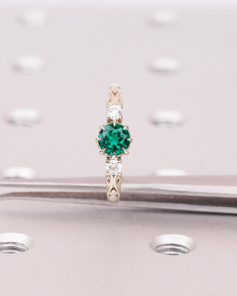 Round Cut Emerald Three Stone Ring, 14K White Gold Engagement Ring, Fantasy Inspired Engraved Floral Band, Alternative Bridal Jewelry image #7
