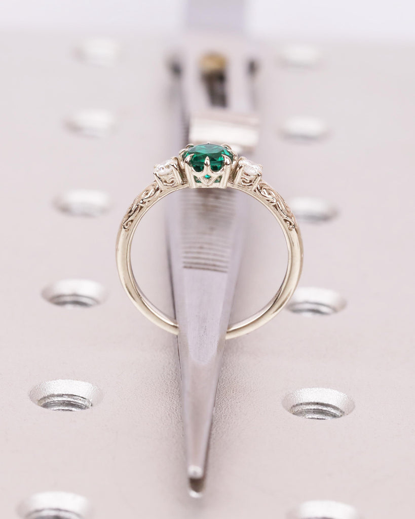 Round Cut Emerald Three Stone Ring, 14K White Gold Engagement Ring, Fantasy Inspired Engraved Floral Band, Alternative Bridal Jewelry image #5