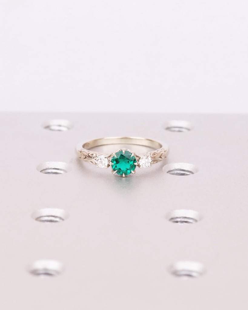 Round Cut Emerald Three Stone Ring, 14K White Gold Engagement Ring, Fantasy Inspired Engraved Floral Band, Alternative Bridal Jewelry image #2