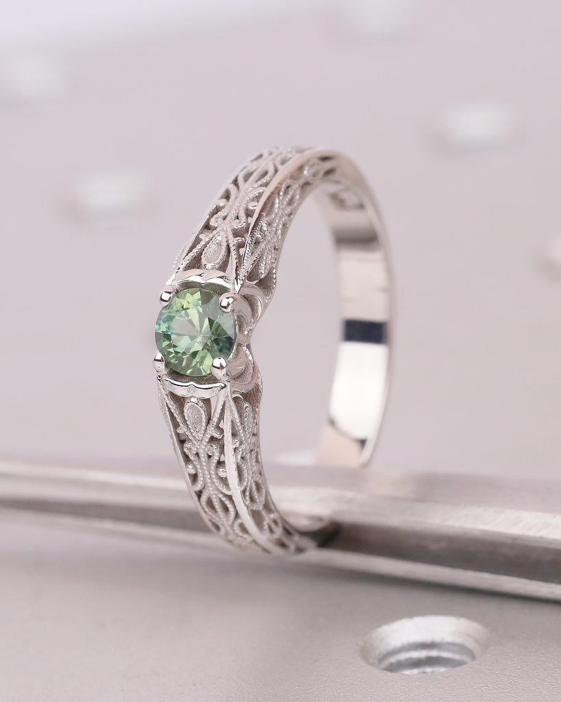 Unique Blue Green Sapphire Gemstone Wedding Ring, 14k White Gold Ring, Birthstone Jewelry image #8