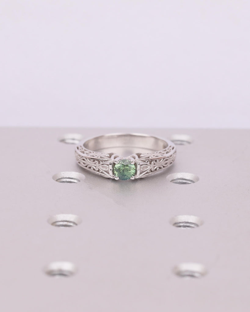 Unique Blue Green Sapphire Gemstone Wedding Ring, 14k White Gold Ring, Birthstone Jewelry image #14