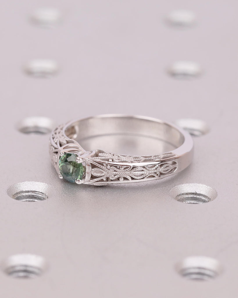 Unique Blue Green Sapphire Gemstone Wedding Ring, 14k White Gold Ring, Birthstone Jewelry image #4