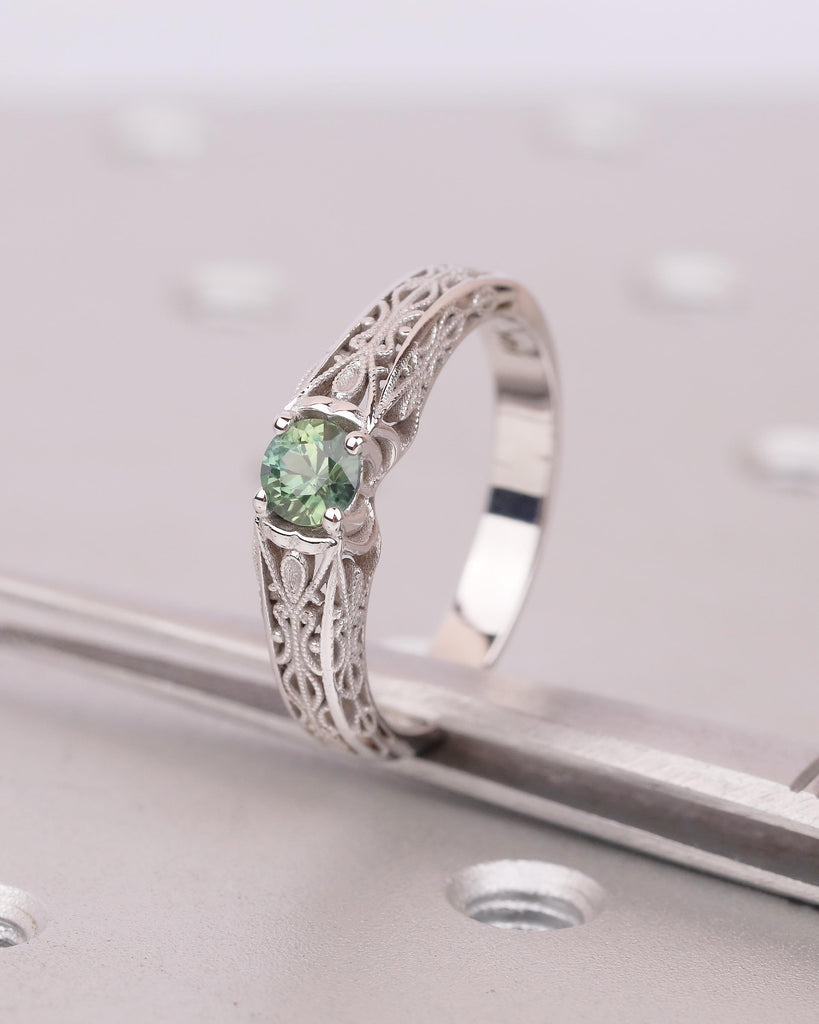 Unique Blue Green Sapphire Gemstone Wedding Ring, 14k White Gold Ring, Birthstone Jewelry image #15