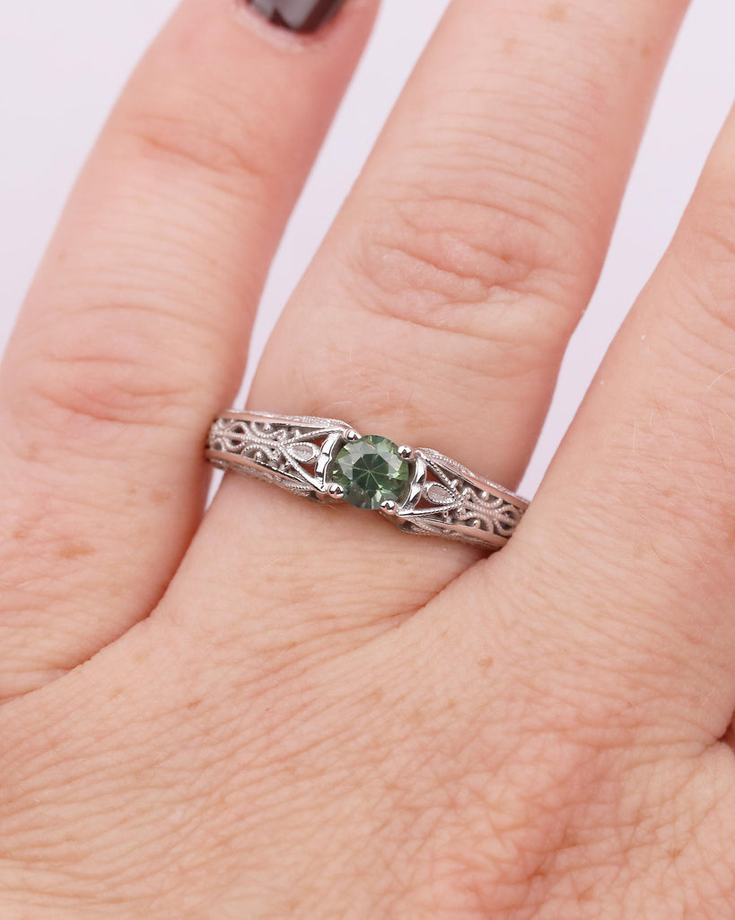 Vintage Round Teal Sapphire Engagement Ring, 18k/14k Gold Promise Ring For Her, Antique Style September Birthstone Rings, Heirloom Jewelry image #10