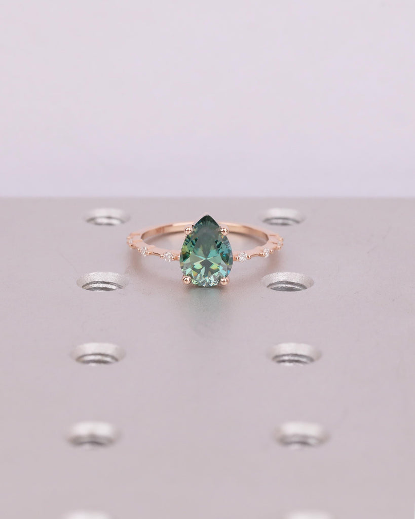 Pear Cut Green Moissanite Engagement Ring, Dainty 14k Rose Gold Promise Rings for Women, Round Diamond Half Eternity Band, Bridal Jewelry image #14