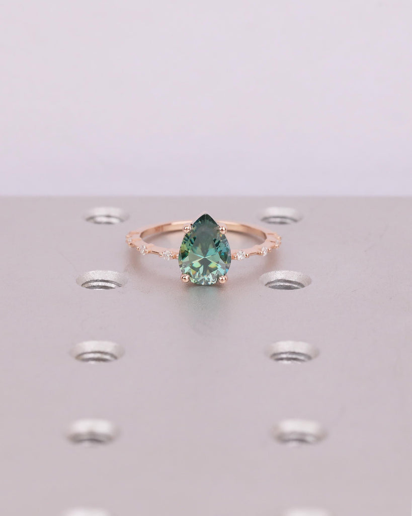 Pear Shaped Green Moissanite Ring, Art Deco 14k Rose Gold Engagement Ring, Diamond Accents image #14