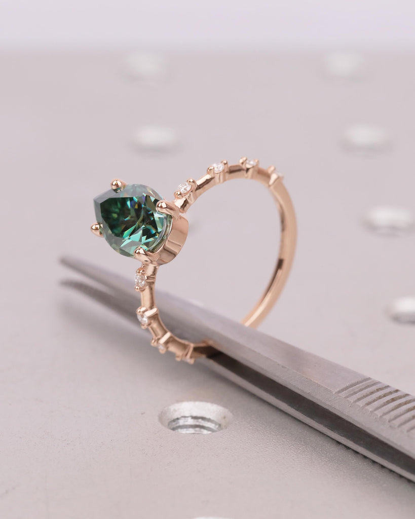 Pear Shaped Green Moissanite Ring, Art Deco 14k Rose Gold Engagement Ring, Diamond Accents image #3