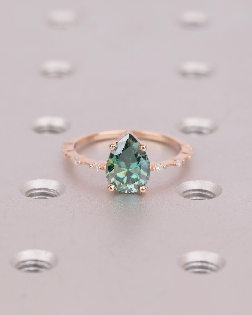 Pear Shaped Green Moissanite Ring, Art Deco 14k Rose Gold Engagement Ring, Diamond Accents image #9
