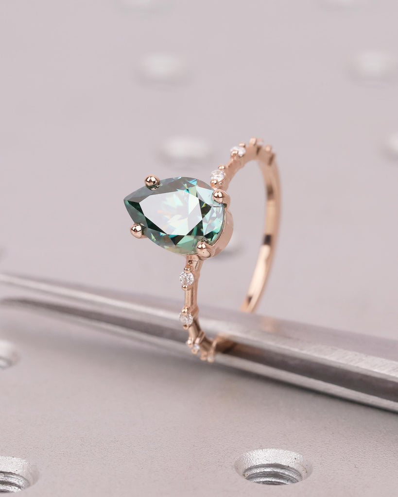 Pear Cut Green Moissanite Engagement Ring, Dainty 14k Rose Gold Promise Rings for Women, Round Diamond Half Eternity Band, Bridal Jewelry image #13