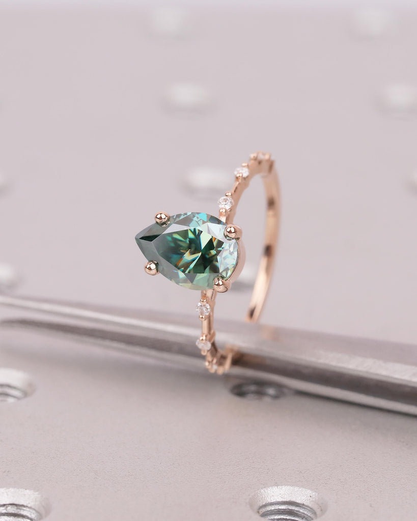 Pear Cut Green Moissanite Engagement Ring, Dainty 14k Rose Gold Promise Rings for Women, Round Diamond Half Eternity Band, Bridal Jewelry image #8