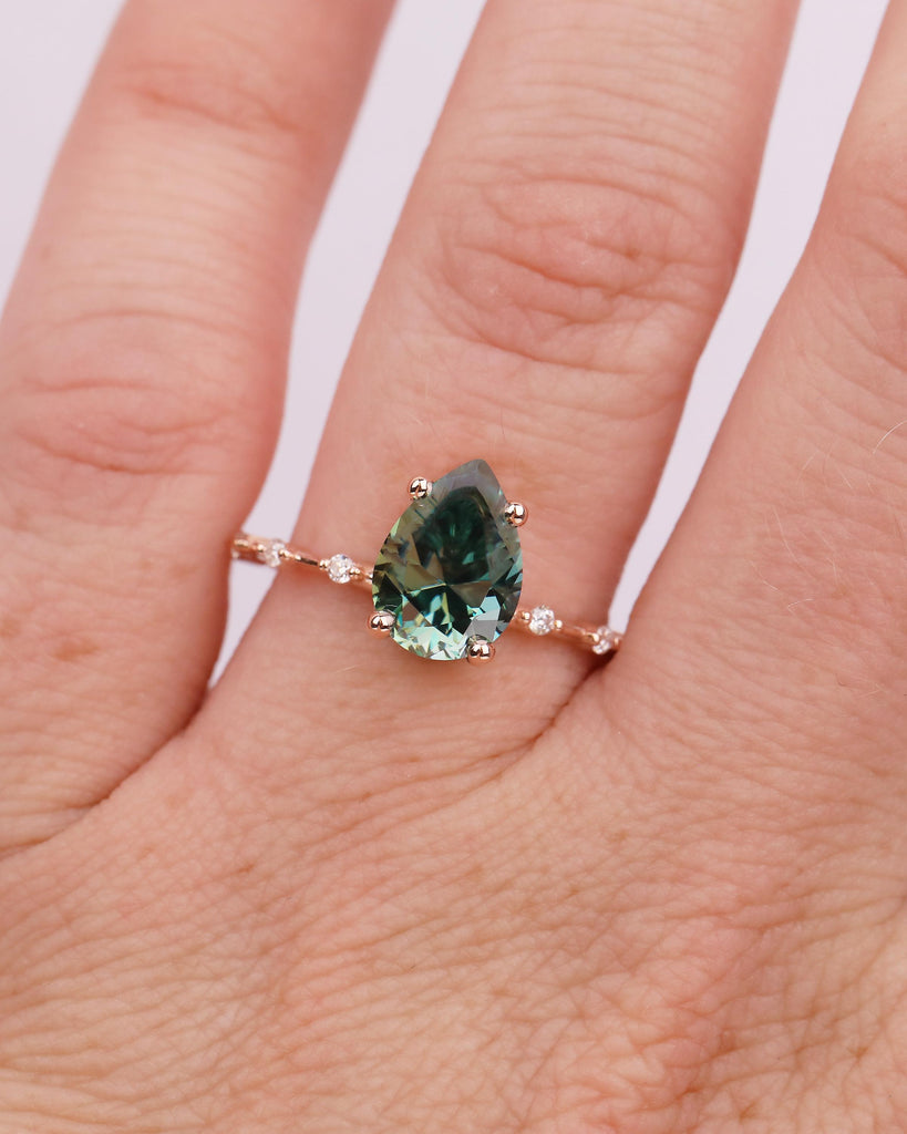 Pear Shaped Green Moissanite Ring, Art Deco 14k Rose Gold Engagement Ring, Diamond Accents image #10