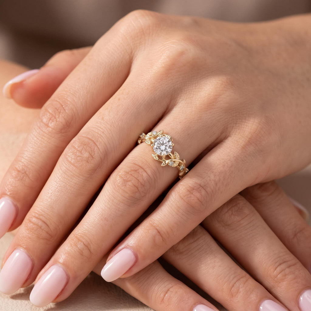 Round Moissanite Nature Engagement Ring | 14k/18k Gold Olive Leaf Rings for Women | Custom Bridal Jewelry image #2