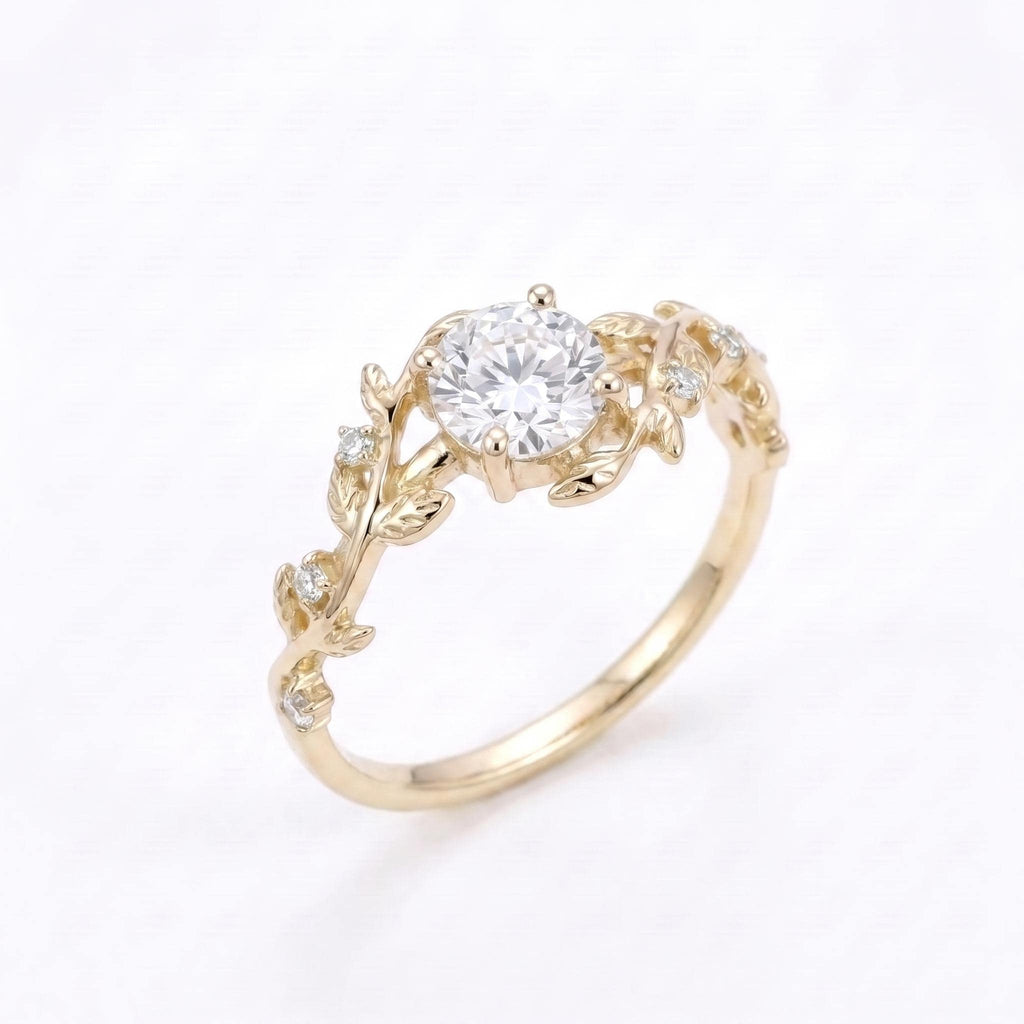 Round Moissanite Nature Engagement Ring | 14k/18k Gold Olive Leaf Rings for Women | Custom Bridal Jewelry image #1