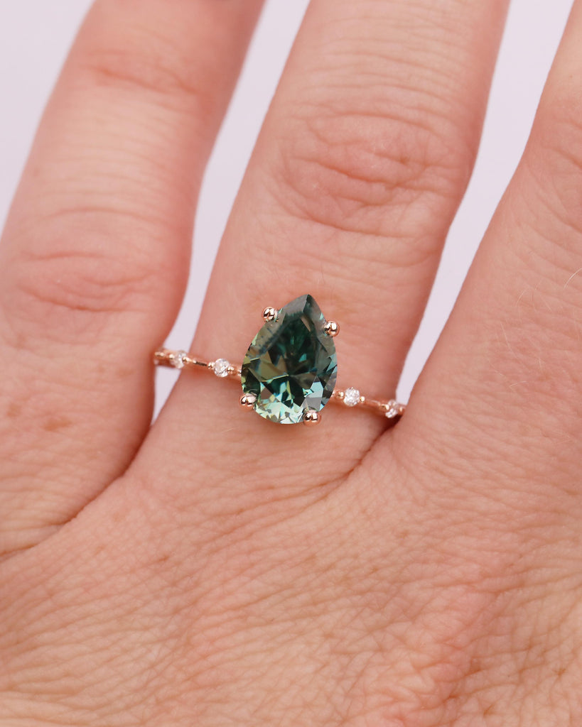 Pear Shaped Green Moissanite Ring, Art Deco 14k Rose Gold Engagement Ring, Diamond Accents image #1