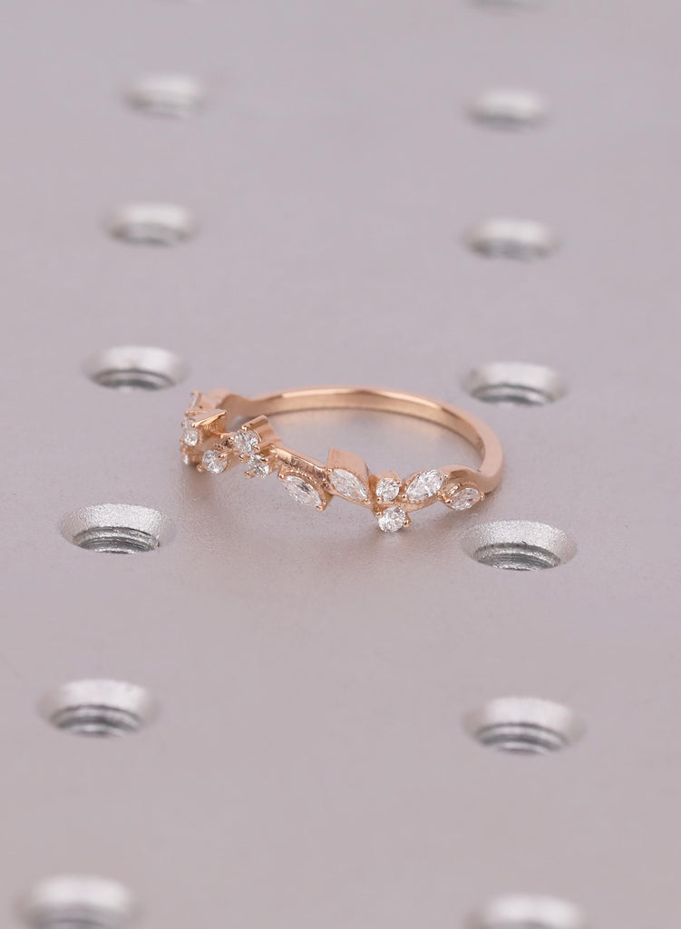 Nature Inspired Curved Wedding Band, Marquise Cluster Vine Stacking Ring, Tiara Chevron Matching Bridal Band image #6