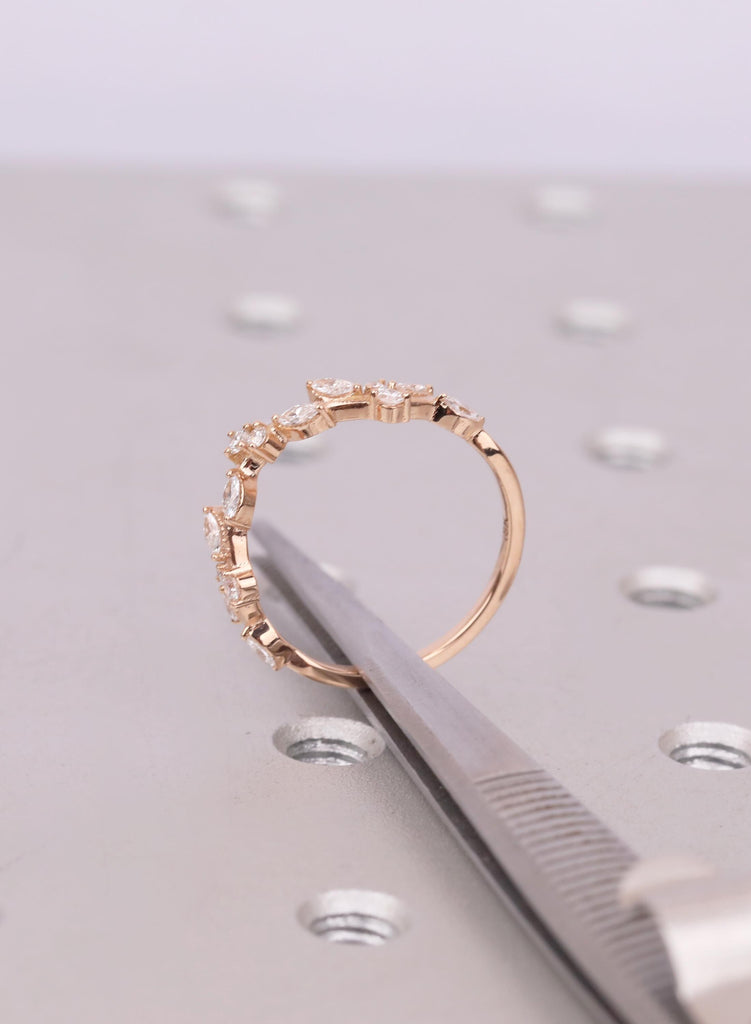 Nature Inspired Curved Wedding Band, Marquise Cluster Vine Stacking Ring, Tiara Chevron Matching Bridal Band image #7