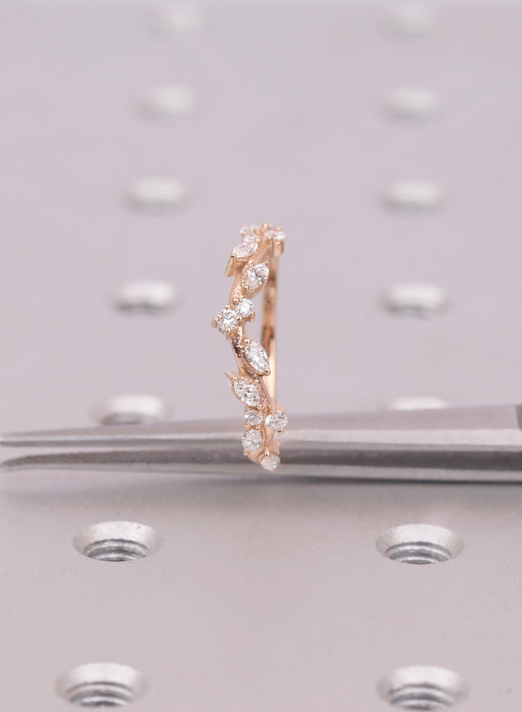 Curved Wedding Band | Marquise Cluster Ring | Vine Stacking Band | Diamond Chevron Ring | Crown Bridal Ring | Nature Inspired Matching Band image #9
