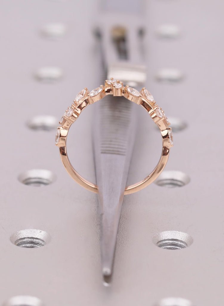 Nature Inspired Curved Wedding Band, Marquise Cluster Vine Stacking Ring, Tiara Chevron Matching Bridal Band image #9