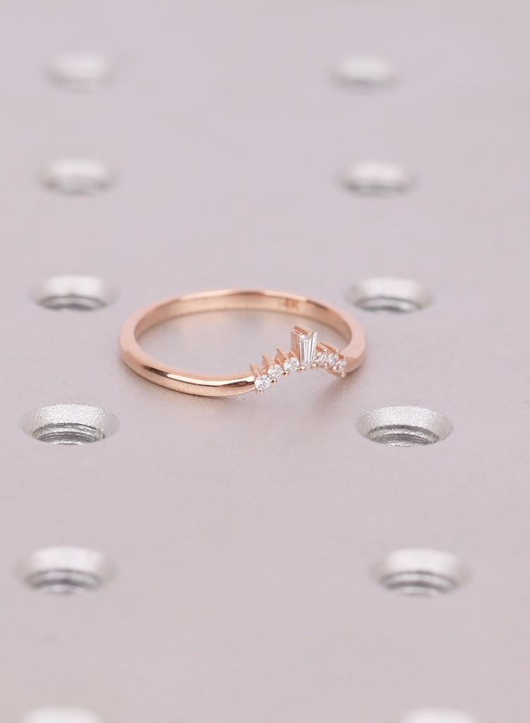 Baguette Diamond Curved Wedding Band, Art Deco Curved Wedding Ring For Women, Unique Stacking Band, Chevron Matching Band, Anniversary Gift image #4